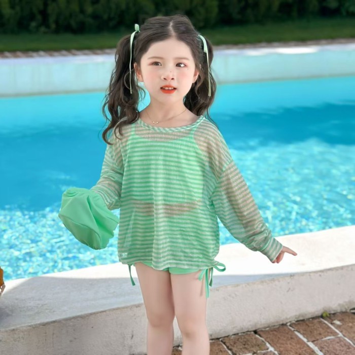 Girls Swimwear Summer New Style Children's Seaside Hot Spring Long-sleeved Blouse Three-piece Se