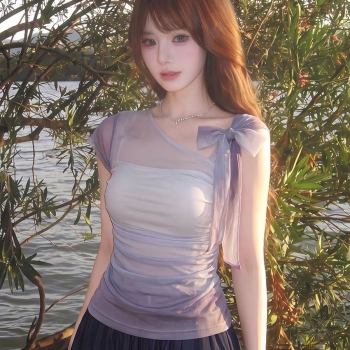 Korean Style Off-shoulder Mesh T-shirt Purple Good-looking Slim Short-sleeved Bow Waist Top