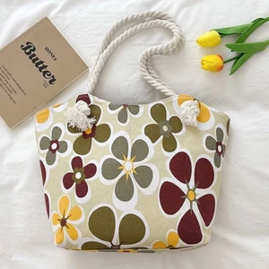 New Cross-border Large-capacity Canvas Single Shoulder Durable Thick Rope Retro Double-sided Flo