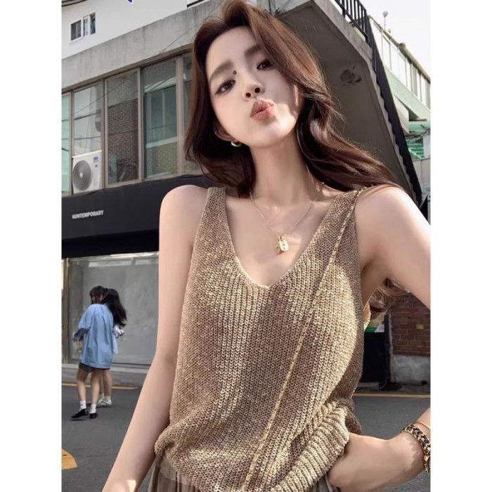 Old Money Style Top V-neck Knitted Camisole Women's Summer High-end Beautiful Back Wear Loose