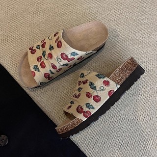 Niche Versatile Thick-soled Cherry Birkenstock Shoes For Women Frosted One-line Round Toe Sof