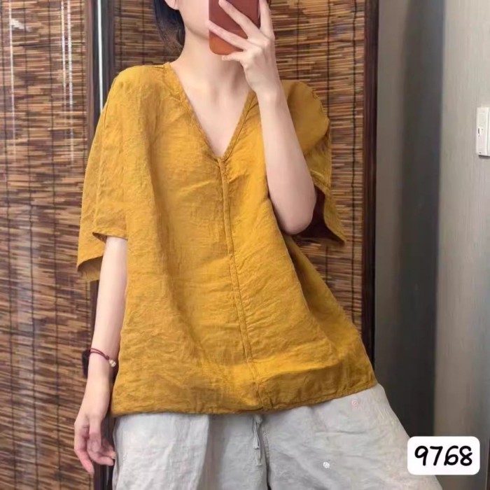Áo thun cotton và vải lanh phong cách cổ điển dành cho nữ mùa hè mới màu trơn cổ chữ V tay ng