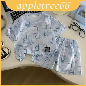 Bộ trang phục ngắn tay họa tiết chữ Cotton mùa hè cho bé trai