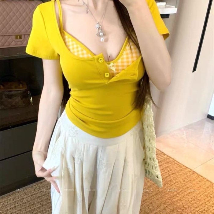 Áo thun ngắn tay giảm béo màu xám Bộ đồ lót kẻ sọc bên trong mùa hè dành cho nữ