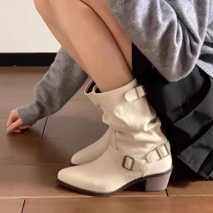 Thời Trang Nữ Mũi Nhọn Gót Dày Giày Bốt Martin Retro Giữa Bắp Chân Đống Giày Bốt Cổ Ngắn Màu