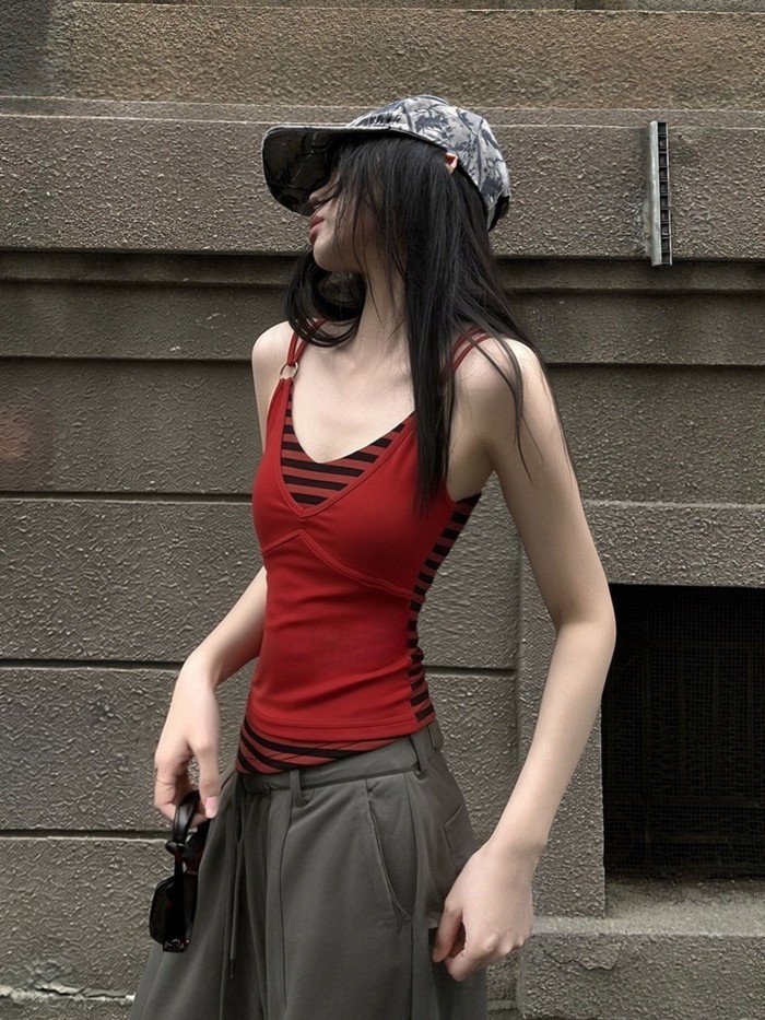 Lan ~ American Hot Girl Retro Sọc Khâu Camisole Thiết Kế Cảm Giác Nữ Mùa Hè Phong Cách Mới Mỏng Hơn Nhìn Nhỏ Top