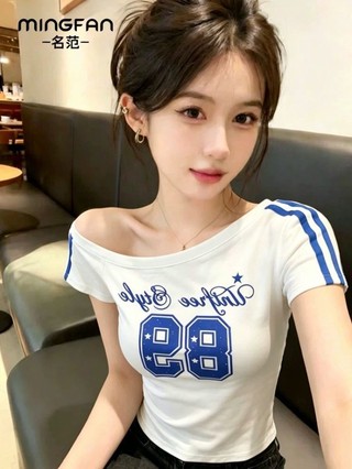 Mùa hè mới dành cho nữ phong cách Mỹ cổ điển kiểu cổ chữ xiên vai ngắn tay áo thun giảm béo