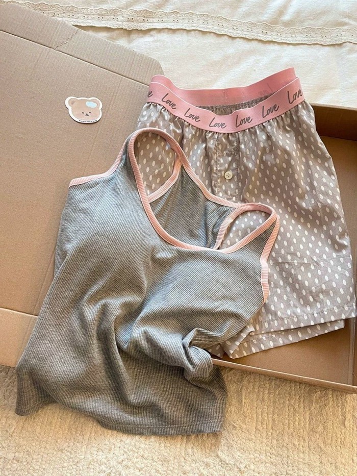 Sweet And Cute Contrasting Color Pajamas For Women, Vest Shorts, Casual Home Shorts Set That