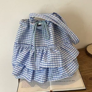 Ruffled Plaid Canvas Bag Shoulder Commuting New Internet Celebrity Japanese Student Bucket Large