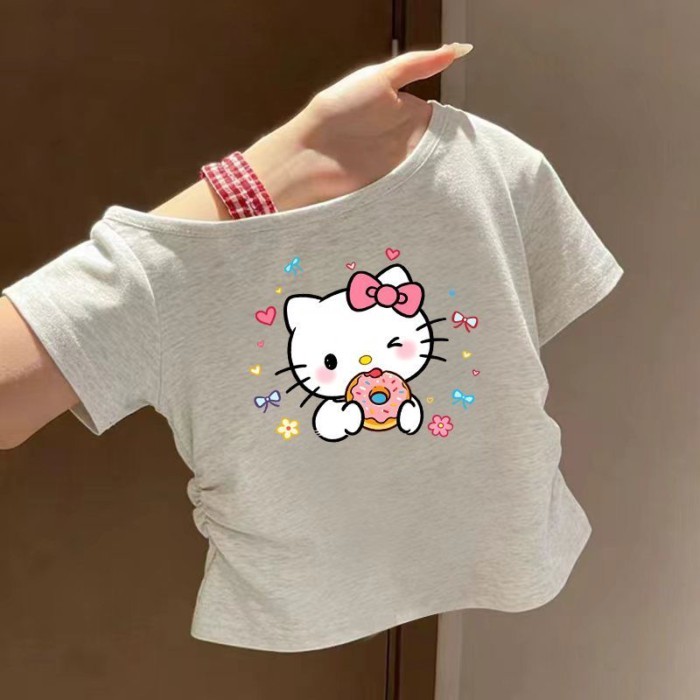 Áo thun ngắn tay cổ tròn xếp li cho bé gái mùa hè phổ biến thiết kế ruy băng mặc hàng ngày