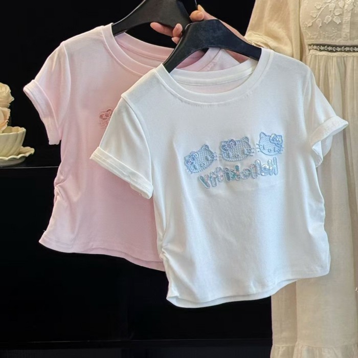 Bé Gái Thêu KT Áo Thun Nữ Tay Ngắn 26 Mùa Hè Mới Trẻ Em Hello Kitty Đính Hạt Cườm Eo Ngọt Top Dễ