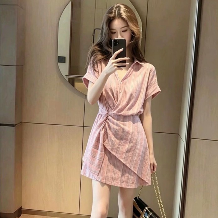 French Striped Short-sleeved Dress Women's Summer New Design Pleated Irregular Waist Slimming