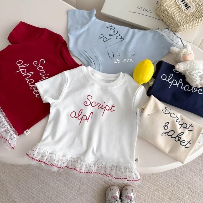 Girls Sweet Style Short-sleeved T-shirt Summer New Style Versatile Lace Top Korean Style Childre