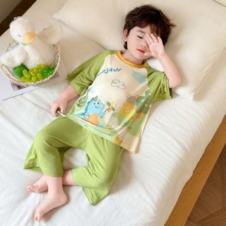 Bộ đồ ngủ mùa hè ngắn tay khủng long mỏng dành cho trẻ em băng lụa dễ thương và thoải mái ở nhà
