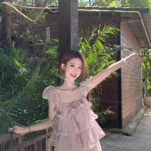 Áo sơ mi voan lá sen ngọt ngào nhẹ nhàng phong cách Hàn Quốc khí chất búp bê cà vạt dáng rộng