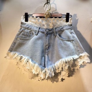 quần short trắng cho hot girl mặc làm áo khoác ngoài mùa hè, lưng cao khâu ren, quần short denim