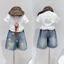 Bộ đồ bé gái mùa hè phiên bản Hàn Quốc mèo hoạt hình ngắn tay hình ngôi sao quần denim hai mảnh