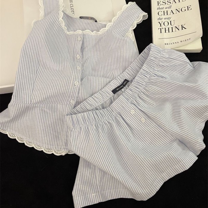 Pajamas For Women, Simple Striped Ins Lace Splicing Suspenders, High Waist Shorts, Home Wear