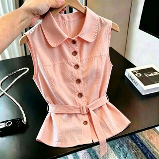 Original Design Sleeveless Vest Women's Waist Tie-Up Shirt Temperament Solid Color Thin Top