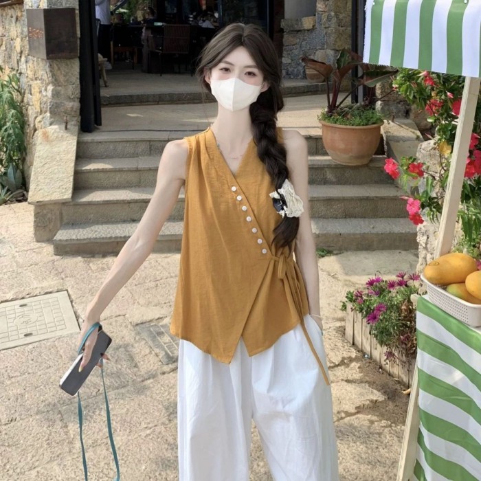 Lan ~ Áo sơ mi không tay cổ chữ v màu vàng dành cho nữ Thiết kế mùa hè Áo sơ mi ren eo hẹp Siêu đẹp Top
