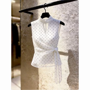 Fashion Niche Temperament White Polka Dot Print Slim Fit Stand Collar Sleeveless Top Versatil
