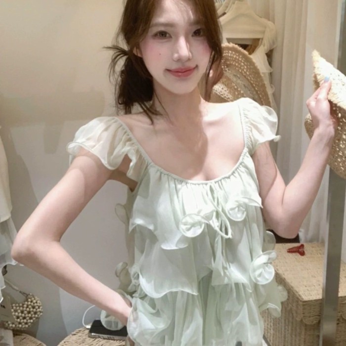 Áo sơ mi voan lá sen ngọt ngào nhẹ nhàng phong cách Hàn Quốc khí chất búp bê cà vạt dáng rộng