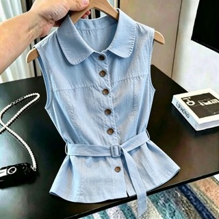 Original Design Sleeveless Vest Women's Waist Tie-Up Shirt Temperament Solid Color Thin Top