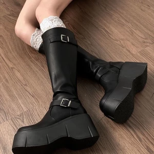 Giày bốt đế dày màu đen phong cách cổ điển dành cho nữ Giày bốt hiệp sĩ thon gọn và khí chất