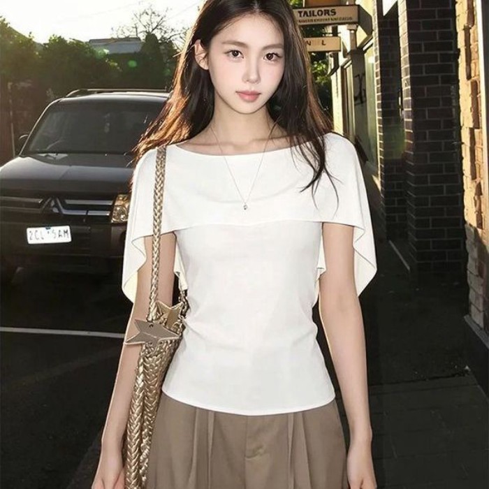 One-line Collar Slim T-shirt For Women Summer New Style Shawl Short-sleeved Minimalist Design Pu
