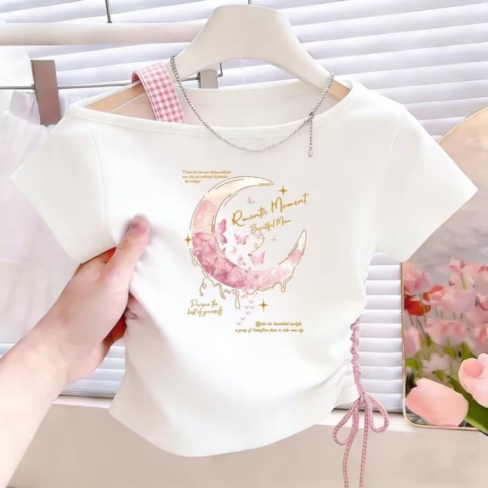cô gái mới mùa hè phong cách Hàn Quốc áo thun lệch vai ngắn tay thời trang đầm mùa hè cho bé gái