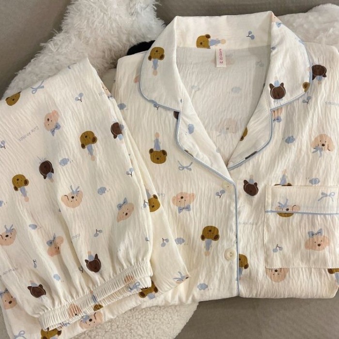 Mùa Hè Xuân Thu Hoạt Hình Đám Mây Mới Bộ Đồ Ngủ In Hình Cardigan Ngọt Dài Tay Dài Quần Rời Ph