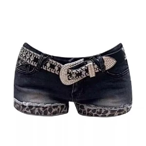 Retro Họa Tiết Da Báo Nối Denim Siêu Quần Short Nữ Mùa Hè Mới Thấp Eo Slim Slim Hot Girl Hông ba