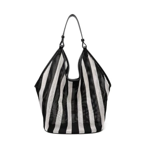 Niche Design Portable Vegetable Basket Bag For Women, Lazy Style Striped Woven Shoulder Bag, Lar