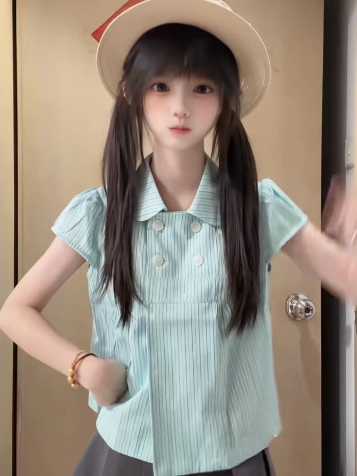 Áo sơ mi sọc tươi mới phong cách Hàn Quốc dành cho nữ cổ áo búp bê đôi ngực thiết kế tay ngắn