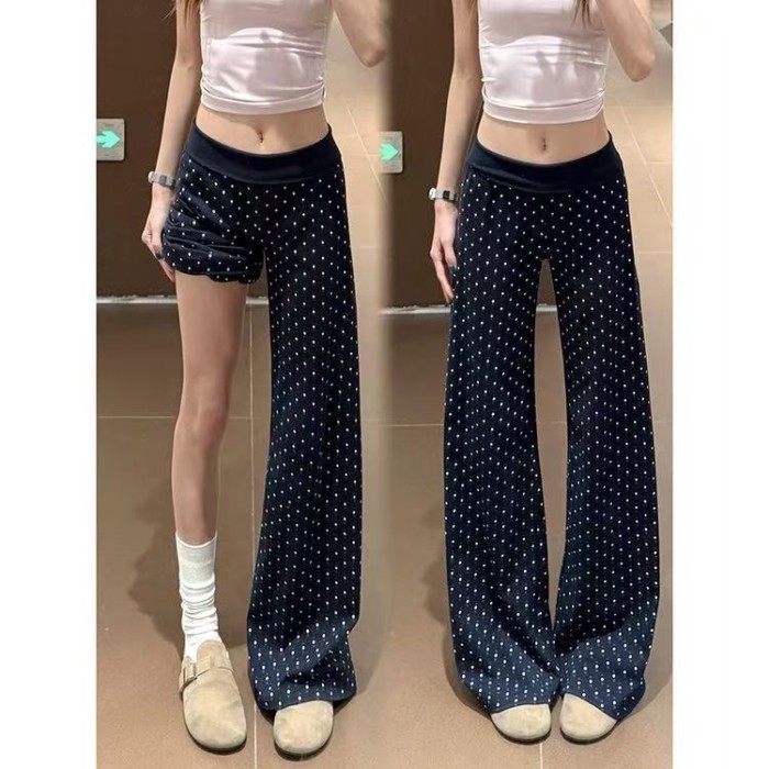 Chấm bi Hải quân Drape Quần loe Mỹ Mùa hè nữ Mới Giảm béo Đa năng Quần cạp thấp Hàn Quốc