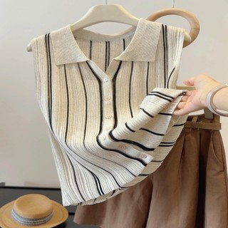 Áo Len Không Tay Sọc Màu Tương Phản Mùa Hè Nữ Phong Cách Mới Slim Fit Áo Cardigan