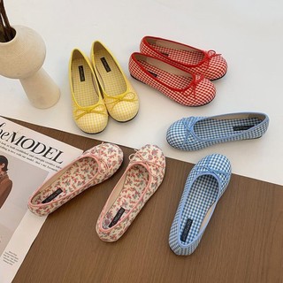 Dopamine Plaid Niche Sweet Pattern Red Ballet Bow Mary Jane Shoes Women's Flat Evening Shoes