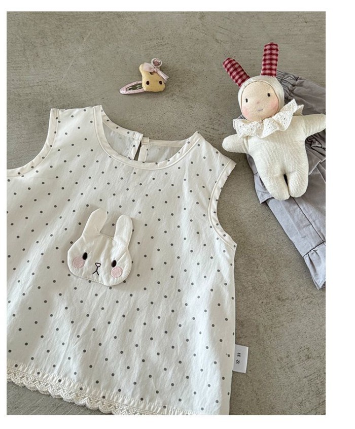 New Summer Sleeveless Top For Baby Girls, Bunny Polka Dot Korean Sweet Shirt, Children's Cott