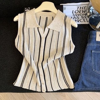 Áo Len Không Tay Sọc Màu Tương Phản Mùa Hè Nữ Phong Cách Mới Slim Fit Áo Cardigan