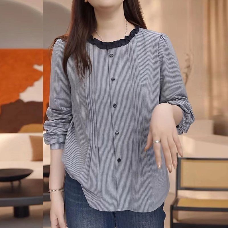 Lan - Áo sơ mi nữ form ôm, tay dài sọc, thời trang cho mẹ trung niên