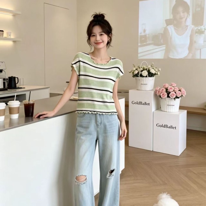 Korean Chic Striped Contrasting Waistcoat T-shirt For Women Summer New Style Slimming And Chi