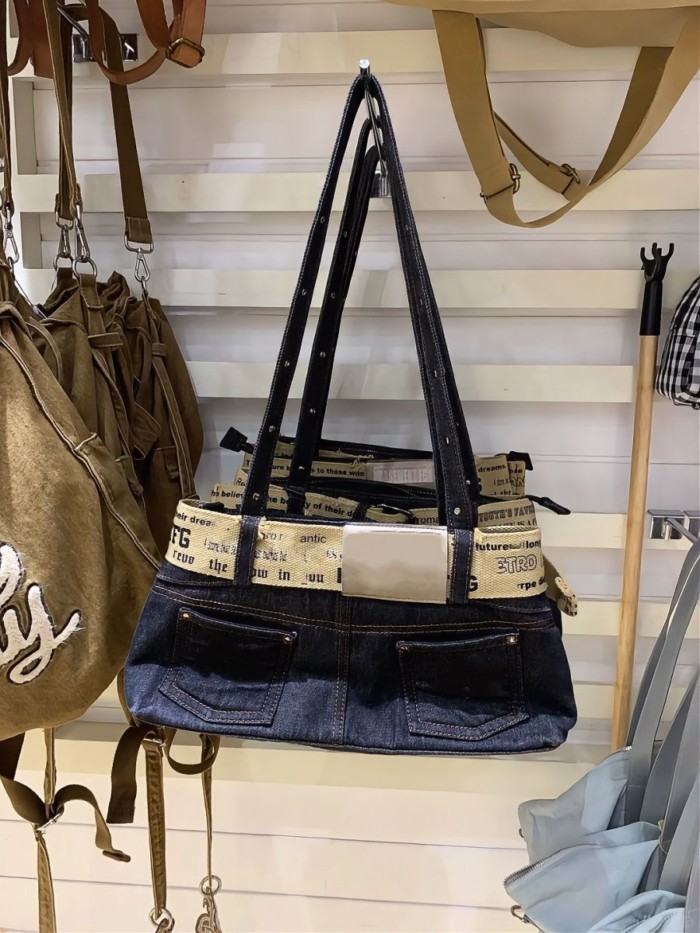 Túi tote cầm tay denim phong cách retro Hàn Quốc túi đeo vai dung tích lớn