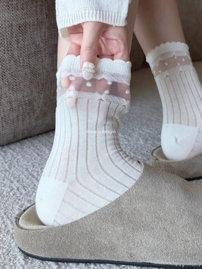 Have u desgin Xám Chấm Bi Bê Tất Nữ Mùa Hè Mỏng Phong Cách Thoáng Khí Cọc Tất Agaric Edge Lưới Rỗng Thoáng Khí Tất Cotton Thoáng Khí