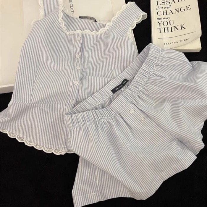 Pajamas For Women, Simple Striped Ins Lace Splicing Suspenders, High Waist Shorts, Home Wear