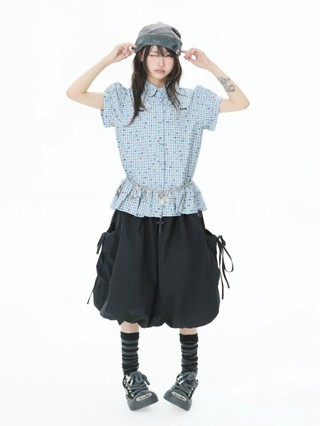 Retro Blue Plaid Color Dot Short Sleeve Shirt Women's Summer College Style Waist Slimming Lap