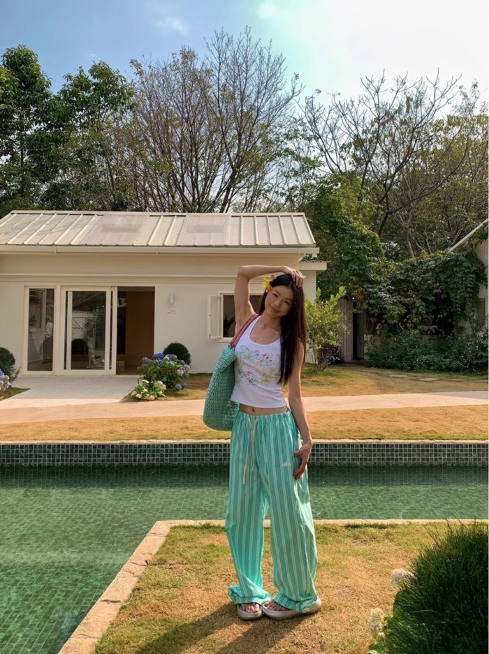 Quần ống rộng dây rút sọc đơn giản của Mỹ dành cho nam và nữ, quần ống rộng đa năng, giảm béo