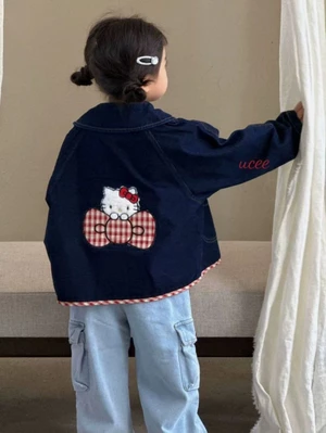 bé gái phong cách Hàn Quốc xuân thu áo khoác denim mèo dễ thương mùa thu mới cho bé gái cardigan