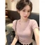 Áo thun ngắn tay dệt kim màu hồng kiểu dáng mới mùa hè áo ngắn vừa vặn có nơ ở tai