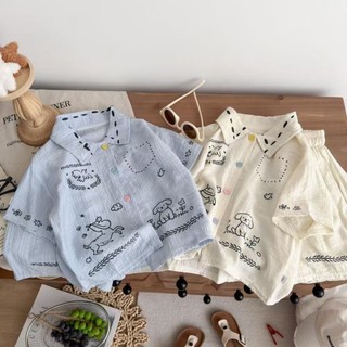 Bộ đồ vải lanh bộ đồ mùa hè áo len dáng rộng in hình cún con đa năng cho trẻ em bộ đồ ngắn tay