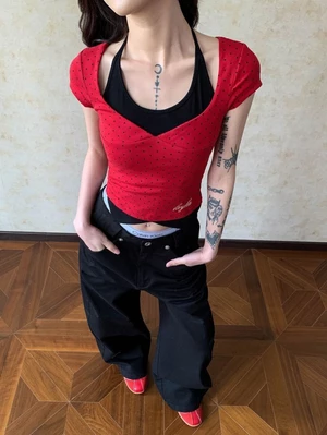 Mỹ Retro Màu Sắc Tương Phản Chấm Bi Giả Hai Vai Tay Phải Ngắn Tay Nữ Slim Eo Top